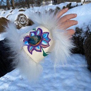 Sheepskin Hand Painted Statement Wrap Bracelet With Healing Stones